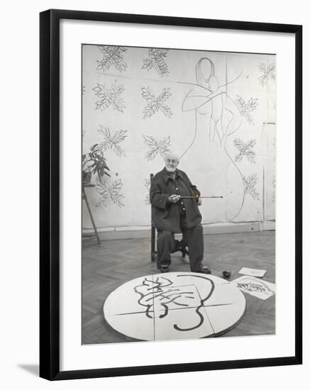 French Painter Henri Matisse Working on Medallion of Virgin and Child for Chapel at Vence in Studio-Dmitri Kessel-Framed Premium Photographic Print