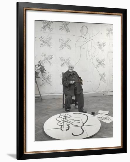 French Painter Henri Matisse Working on Medallion of Virgin and Child for Chapel at Vence in Studio-Dmitri Kessel-Framed Premium Photographic Print