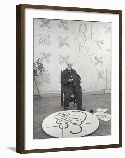 French Painter Henri Matisse Working on Medallion of Virgin and Child for Chapel at Vence in Studio-Dmitri Kessel-Framed Premium Photographic Print