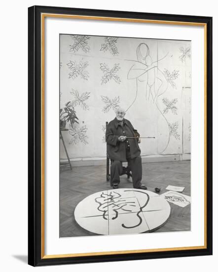 French Painter Henri Matisse Working on Medallion of Virgin and Child for Chapel at Vence in Studio-Dmitri Kessel-Framed Premium Photographic Print