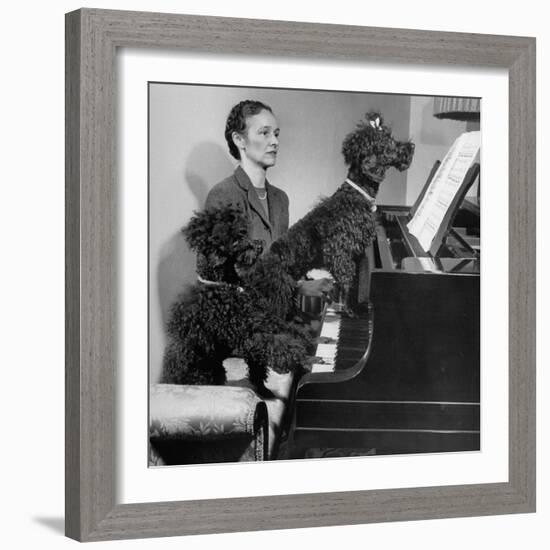 French Poodles Sitting at Piano with Woman-null-Framed Photographic Print