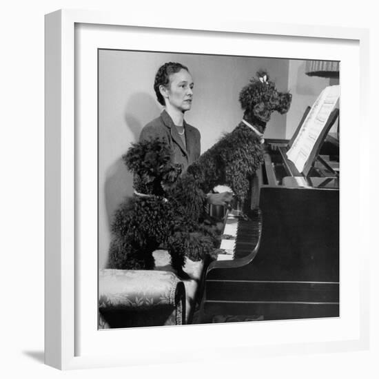 French Poodles Sitting at Piano with Woman-null-Framed Photographic Print