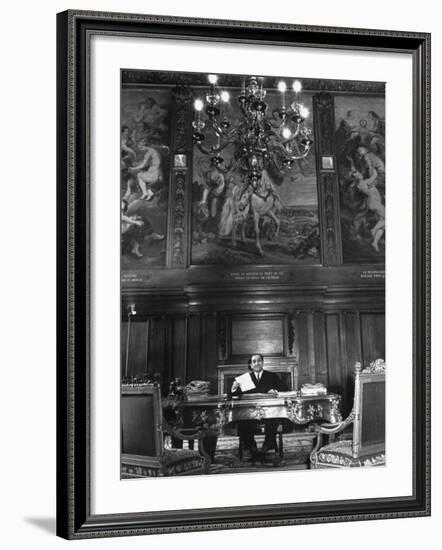 French Premier Pierre Mendes France, Smiling Slightly and Reserved, Working in Ornate Office-Frank Scherschel-Framed Premium Photographic Print