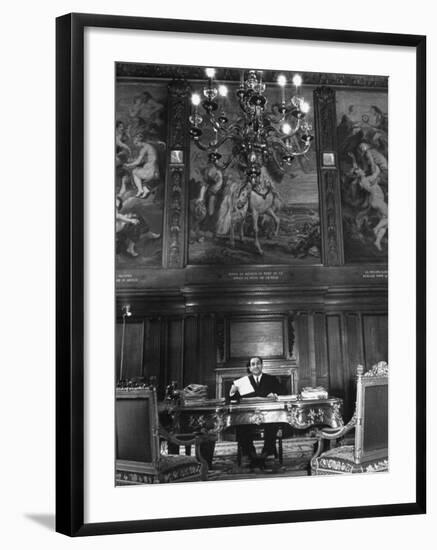 French Premier Pierre Mendes France, Smiling Slightly and Reserved, Working in Ornate Office-Frank Scherschel-Framed Premium Photographic Print