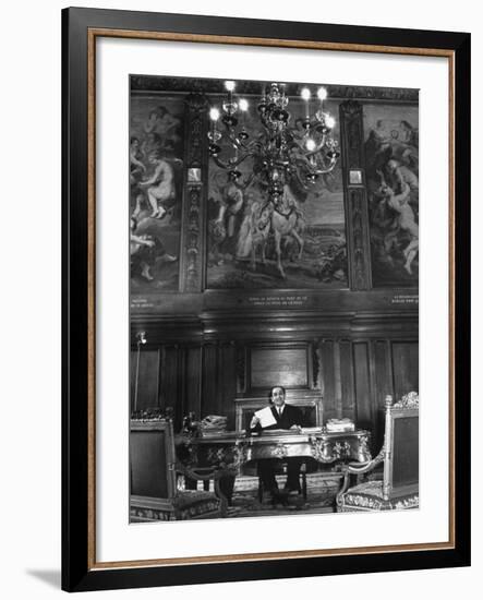 French Premier Pierre Mendes France, Smiling Slightly and Reserved, Working in Ornate Office-Frank Scherschel-Framed Premium Photographic Print