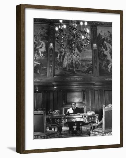 French Premier Pierre Mendes France, Smiling Slightly and Reserved, Working in Ornate Office-Frank Scherschel-Framed Premium Photographic Print