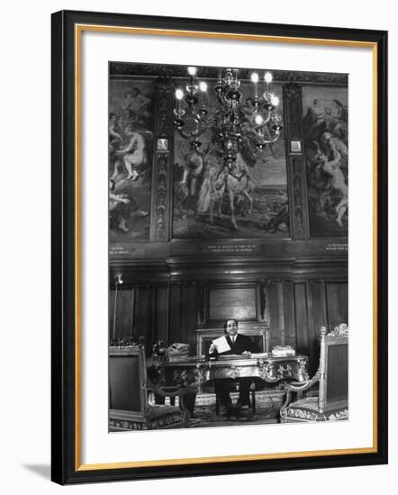 French Premier Pierre Mendes France, Smiling Slightly and Reserved, Working in Ornate Office-Frank Scherschel-Framed Premium Photographic Print