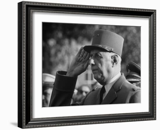 French Pres. Charles De Gaulle Wearing His Military Uniform and Saluting-null-Framed Photographic Print