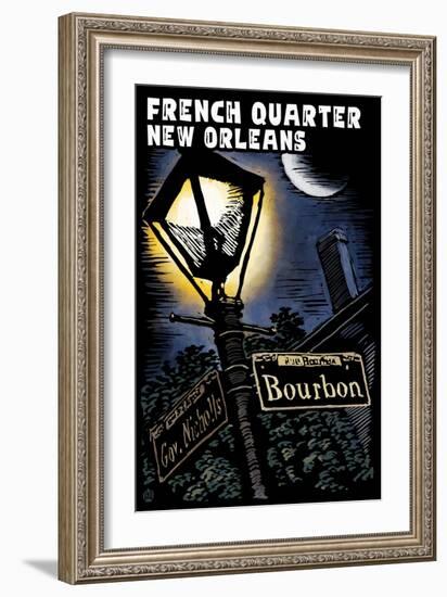 French Quarter - New Orleans, Louisiana - Bourbon Street - Scratchboard-Lantern Press-Framed Art Print