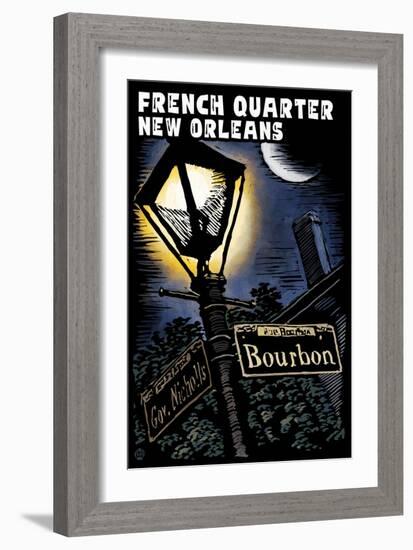 French Quarter - New Orleans, Louisiana - Bourbon Street - Scratchboard-Lantern Press-Framed Art Print