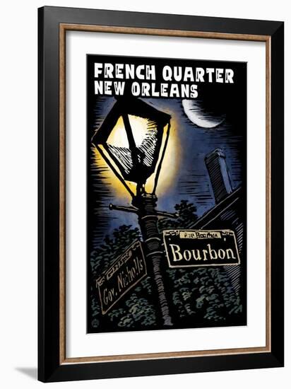 French Quarter - New Orleans, Louisiana - Bourbon Street - Scratchboard-Lantern Press-Framed Art Print