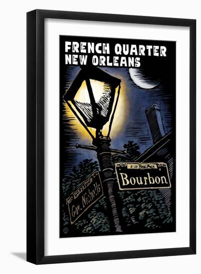 French Quarter - New Orleans, Louisiana - Bourbon Street - Scratchboard-Lantern Press-Framed Art Print