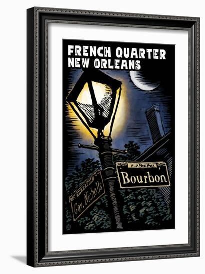 French Quarter - New Orleans, Louisiana - Bourbon Street - Scratchboard-Lantern Press-Framed Art Print