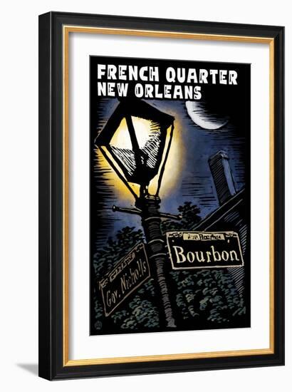 French Quarter - New Orleans, Louisiana - Bourbon Street - Scratchboard-Lantern Press-Framed Art Print