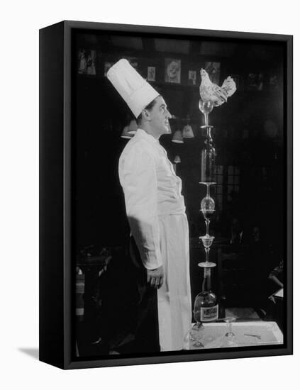 French Restaurant Owner Sam Letrone Entertaining Patrons with His Performing Chicken-Loomis Dean-Framed Premier Image Canvas