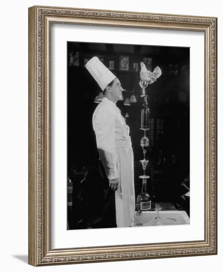 French Restaurant Owner Sam Letrone Entertaining Patrons with His Performing Chicken-Loomis Dean-Framed Photographic Print