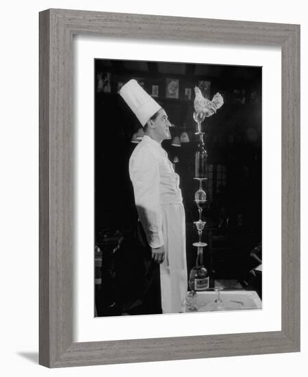 French Restaurant Owner Sam Letrone Entertaining Patrons with His Performing Chicken-Loomis Dean-Framed Photographic Print