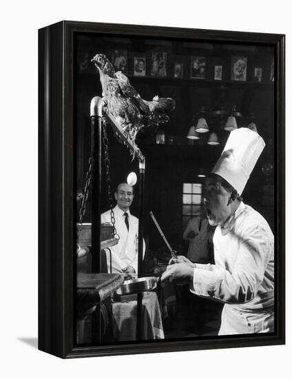French Restaurant Owner Sam Letrone Entertaining Patrons with His Performing Chicken-Loomis Dean-Framed Premier Image Canvas