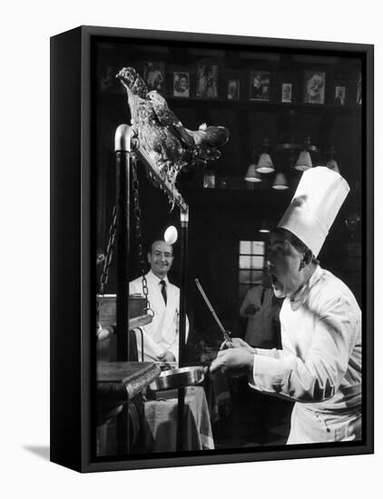 French Restaurant Owner Sam Letrone Entertaining Patrons with His Performing Chicken-Loomis Dean-Framed Premier Image Canvas