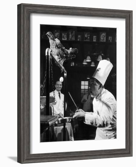 French Restaurant Owner Sam Letrone Entertaining Patrons with His Performing Chicken-Loomis Dean-Framed Photographic Print