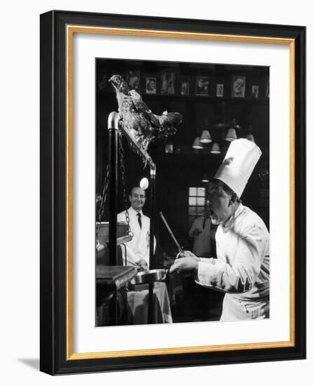 French Restaurant Owner Sam Letrone Entertaining Patrons with His Performing Chicken-Loomis Dean-Framed Photographic Print