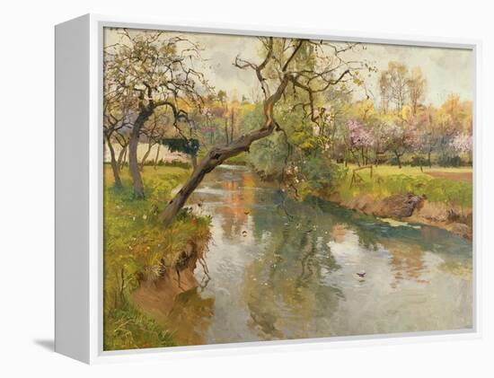 French River Landscape with a Flowering Tree-Fritz Thaulow-Framed Premier Image Canvas
