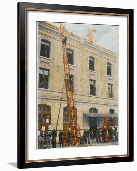 French Sapeurs-Pompiers Use a Long Ladder to Reach the Highest Floors of a Burning Building-null-Framed Photographic Print