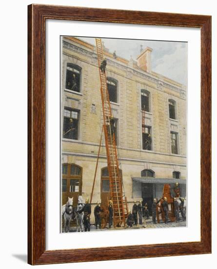 French Sapeurs-Pompiers Use a Long Ladder to Reach the Highest Floors of a Burning Building-null-Framed Photographic Print