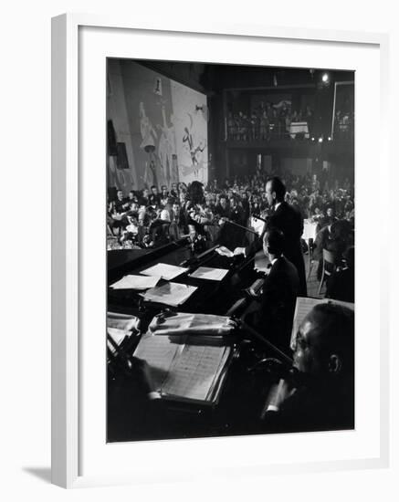 French Singer Lucienne Boyer Performing with Orchestra at Cafe Society Uptown-Gjon Mili-Framed Premium Photographic Print