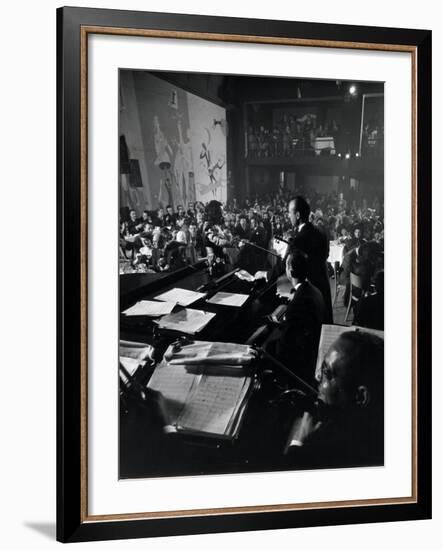 French Singer Lucienne Boyer Performing with Orchestra at Cafe Society Uptown-Gjon Mili-Framed Premium Photographic Print