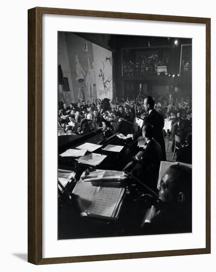 French Singer Lucienne Boyer Performing with Orchestra at Cafe Society Uptown-Gjon Mili-Framed Premium Photographic Print