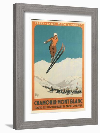 French Ski Poster with Ski Jumper-null-Framed Premium Giclee Print
