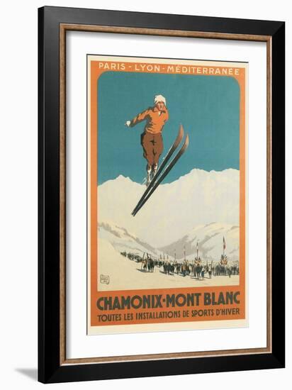 French Ski Poster with Ski Jumper-null-Framed Premium Giclee Print