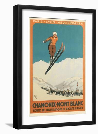 French Ski Poster with Ski Jumper-null-Framed Premium Giclee Print