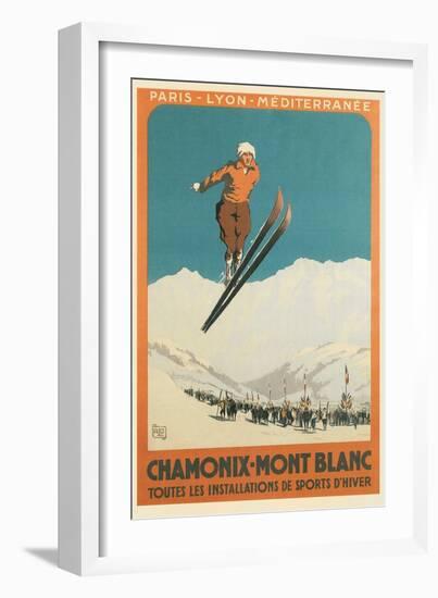 French Ski Poster with Ski Jumper-null-Framed Premium Giclee Print