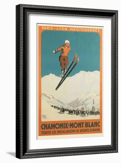 French Ski Poster with Ski Jumper-null-Framed Premium Giclee Print