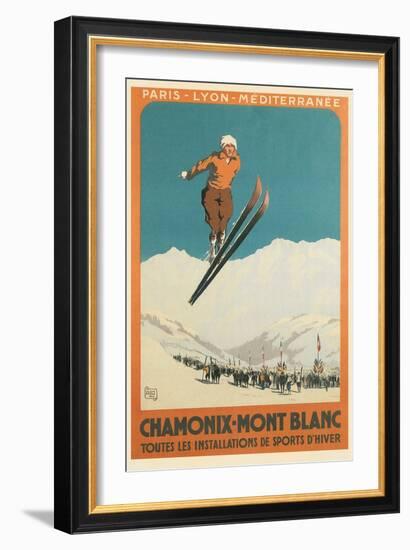 French Ski Poster with Ski Jumper-null-Framed Premium Giclee Print