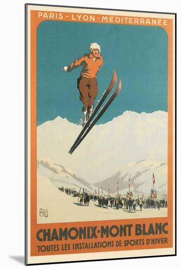 French Ski Poster with Ski Jumper-null-Mounted Art Print