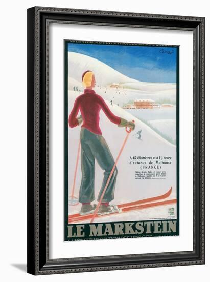 French Ski Poster with Woman Skier-null-Framed Premium Giclee Print