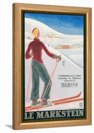 French Ski Poster with Woman Skier-null-Framed Stretched Canvas