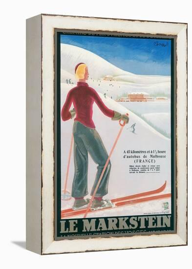 French Ski Poster with Woman Skier-null-Framed Stretched Canvas