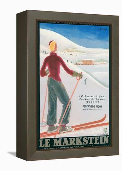 French Ski Poster with Woman Skier-null-Framed Stretched Canvas