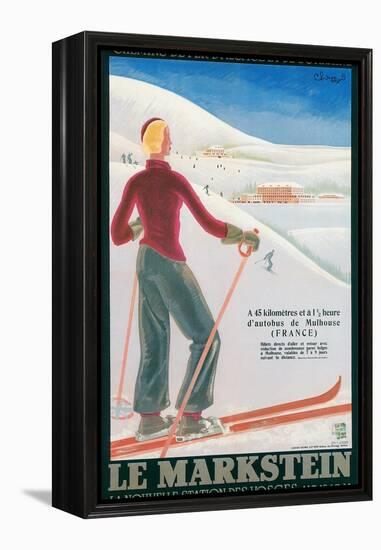 French Ski Poster with Woman Skier-null-Framed Stretched Canvas