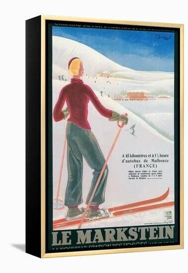 French Ski Poster with Woman Skier-null-Framed Stretched Canvas