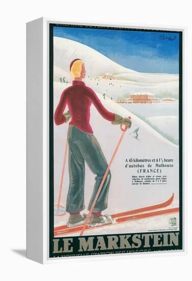 French Ski Poster with Woman Skier-null-Framed Stretched Canvas