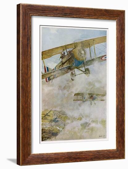 French Spad Aircraft on Patrol-Francois Flameng-Framed Art Print