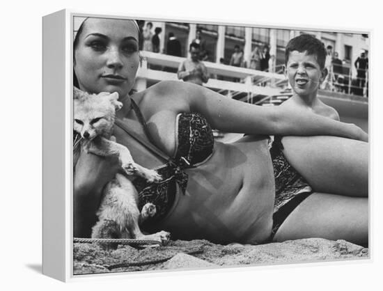 French Starlet Philomene Toulouse Angling Attention with Pet Fox and Bare Torso-Paul Schutzer-Framed Premier Image Canvas