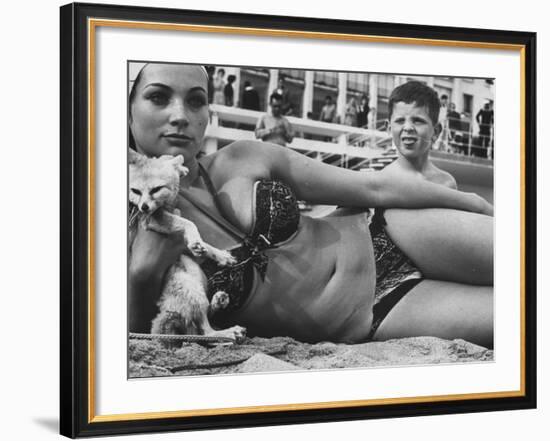 French Starlet Philomene Toulouse Angling Attention with Pet Fox and Bare Torso-Paul Schutzer-Framed Premium Photographic Print