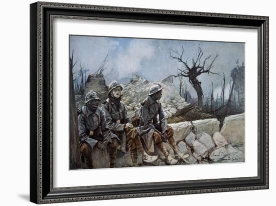 French Troops Rest Amid Ruins of a Church at Dompierre, 1916-Francois Flameng-Framed Giclee Print