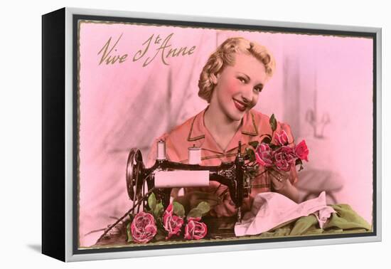 French Woman with Sewing Machine-null-Framed Stretched Canvas